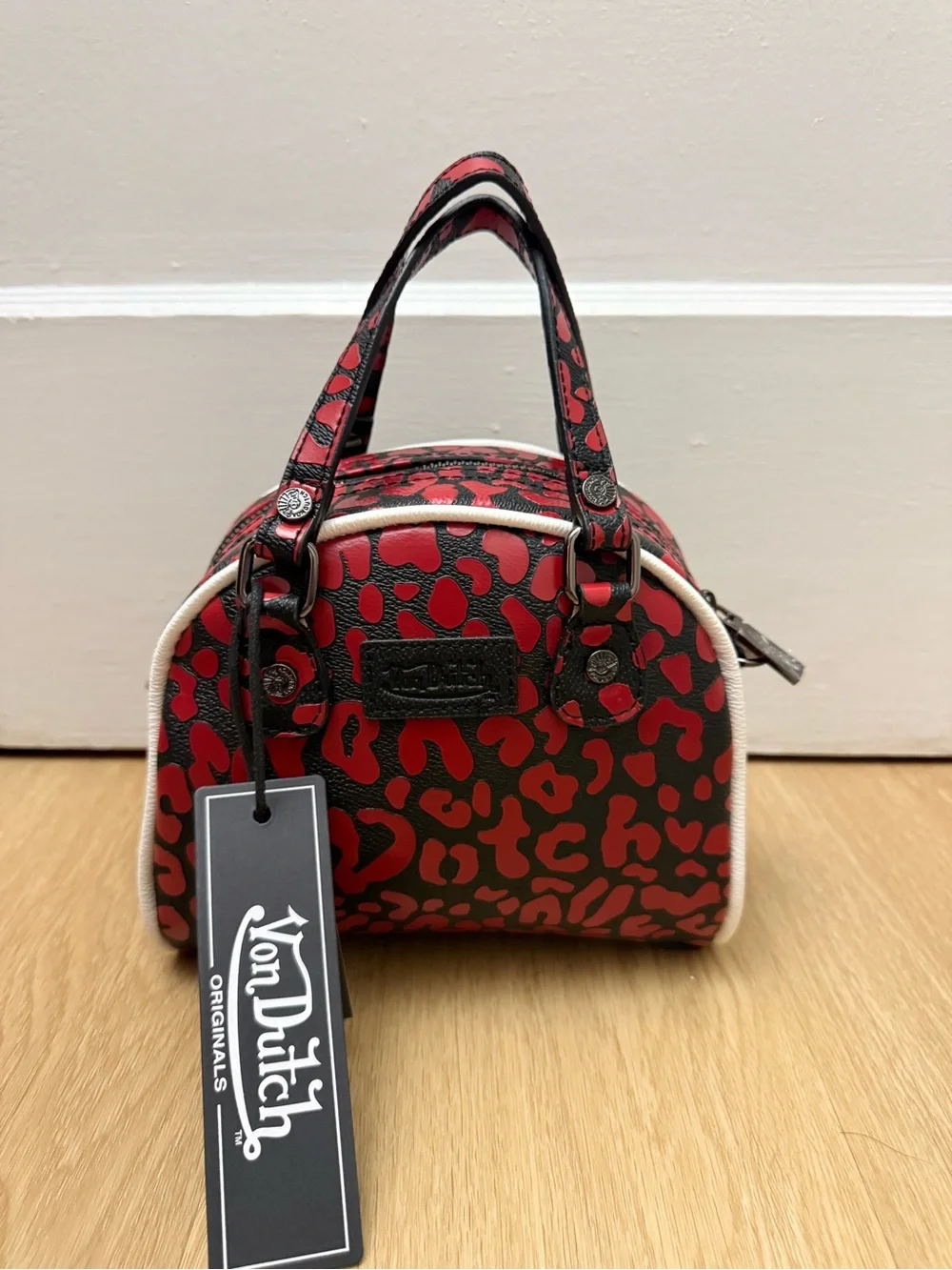 Von Dutch Red and Black Leopard Print Crossbody Satchel